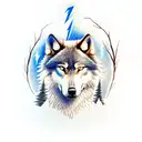 A resilient wolf with a blue eye and wounds on its side, standing on a rock in a stormy background with lightning. In the distance, a broken sand timer with sand flowing away. Tall dark trees fill the background. tattoo design idea