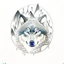 A resilient wolf with a blue eye and wounds on its side, standing on a rock in a stormy background with lightning. In the distance, a broken sand timer with sand flowing away. Tall dark trees fill the background. tattoo design idea