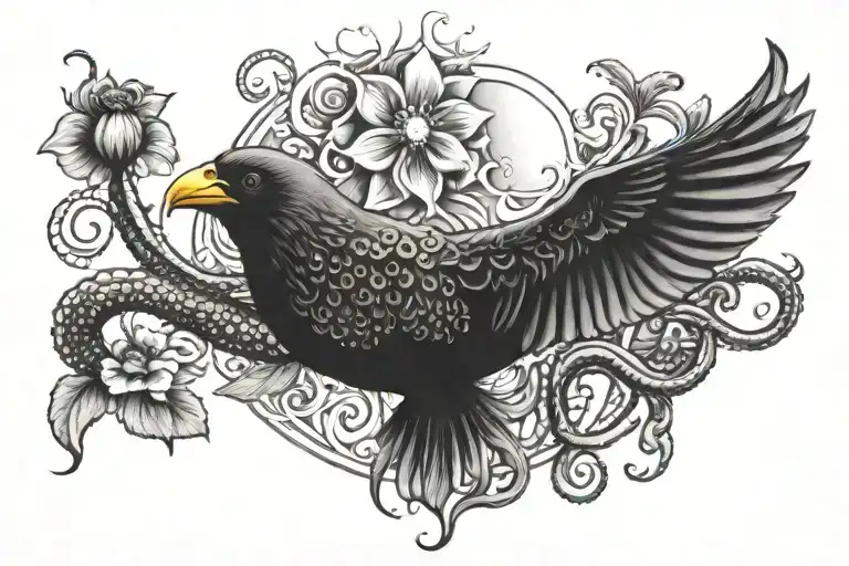 strawberry, blackbird, sun and octopus merged together  tattoo design idea