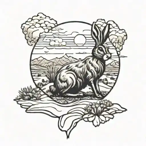 desert/western landscape in a circle with a big bunny in the middle tattoo design idea
