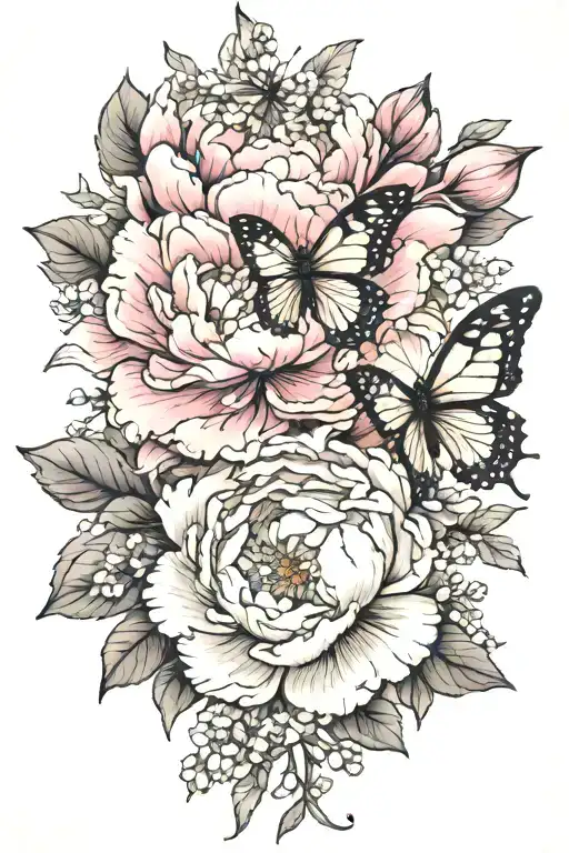 peonies blooming, butterfly emerging tattoo design idea