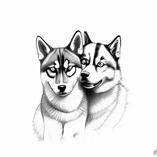 A sketch-style portrait of a cat and a husky cuddling together tattoo design idea