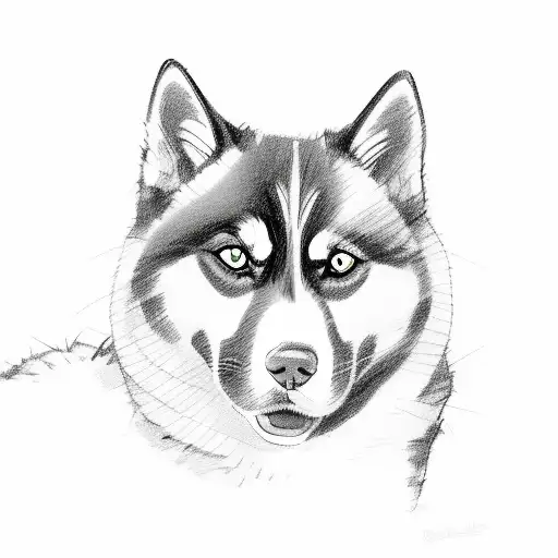 A sketch-style portrait of a cat and a husky cuddling together tattoo design idea