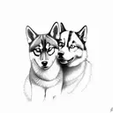 A sketch-style portrait of a cat and a husky cuddling together tattoo design idea