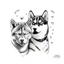 A sketch-style portrait of a cat and a husky cuddling together tattoo design idea
