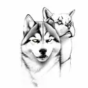 A sketch-style portrait of a cat and a husky cuddling together tattoo design idea