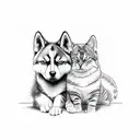 A sketch-style portrait of a cat and a husky cuddling together tattoo design idea