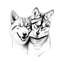 A sketch-style portrait of a cat and a husky cuddling together tattoo design idea