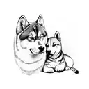 A sketch-style portrait of a cat and a husky cuddling together tattoo design idea