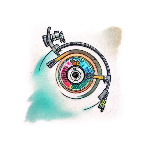 A vintage vinyl record spinning on a turntable with vibrant colors tattoo design idea