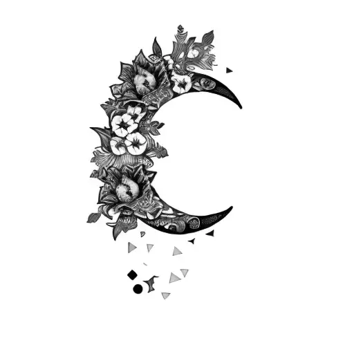 a crescent moon with flowers and geometric  tattoo design idea