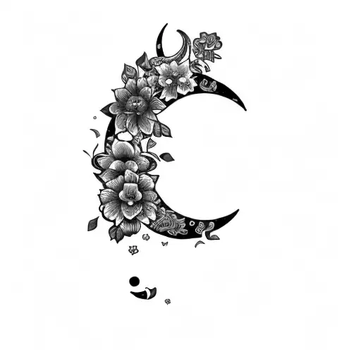 a crescent moon with flowers and geometric  tattoo design idea