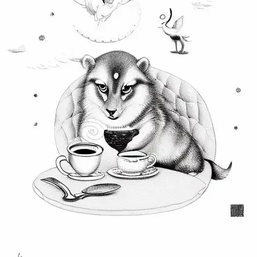 A whimsical coffee shop scene with animals serving coffee and cherubs reading books tattoo design idea