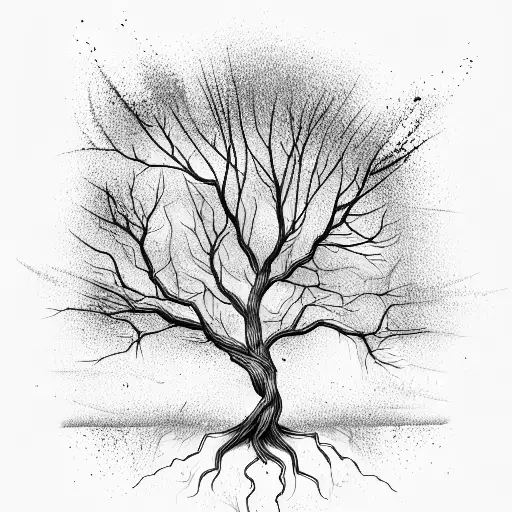 Half dead tree with roots tattoo design idea