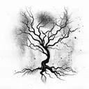 Half dead tree with roots tattoo design idea