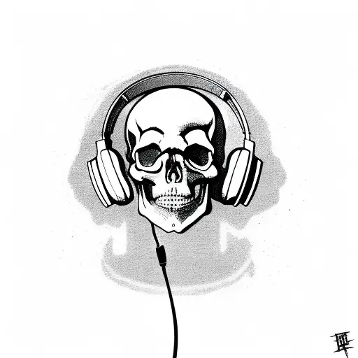 A skull wearing headphones and holding a gaming console, inspired by the band Korn's aesthetic tattoo design idea