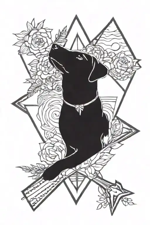 A tattoo for my arm a sense of Calm, Arrow head, Love, Selfless, a Labrador dog, and my wifes name Mounica tattoo design idea