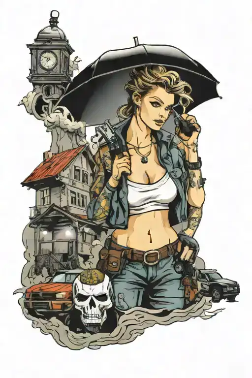 Full sleeve Resident evil theme, The nemesis , umbrella logo and RPD police station in the back ground tattoo design idea