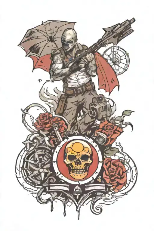 Full sleeve Resident evil theme, The nemesis vs Mr X, umbrella logo and RPD police station in the back ground tattoo design idea