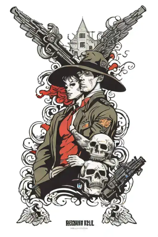 Full sleeve Resident evil theme, The nemesis , umbrella logo and RPD police station in the back ground tattoo design idea