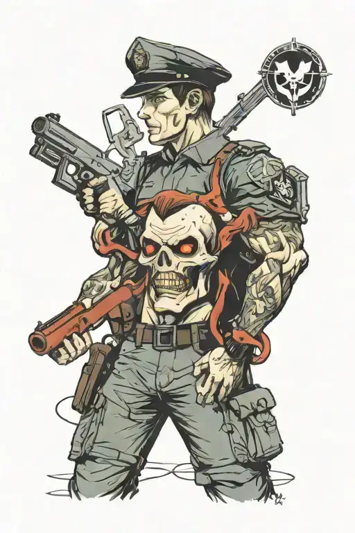 Full sleeve Resident evil theme, The nemesis vs Mr X, umbrella logo and RPD police station in the back ground tattoo design idea