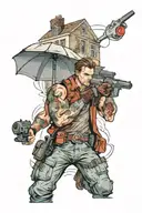 Full sleeve Resident evil theme, The nemesis vs Mr X, umbrella logo and RPD police station in the back ground tattoo design idea