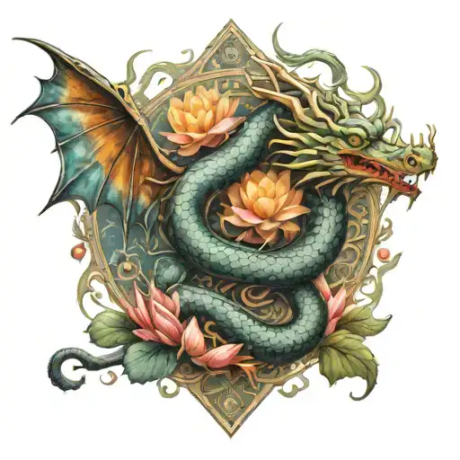 dragon angel protection runes lotus blossom ohm symbol tattoo design idea