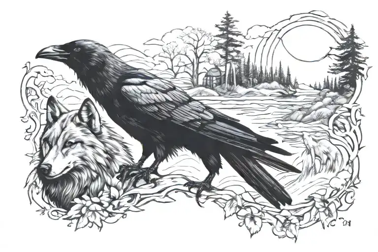 crow and wolf tattoo design idea