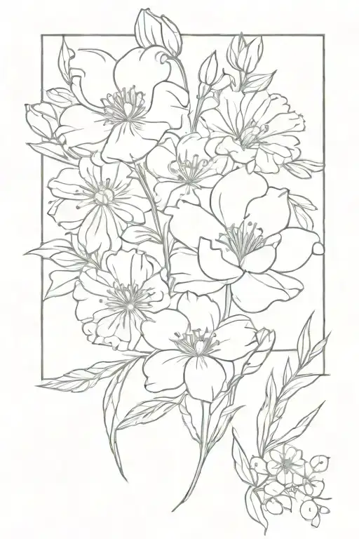 boquet of Carnation, Snowdrop, Marigold, Cosmos, Larkspur & Water Lily tattoo design idea