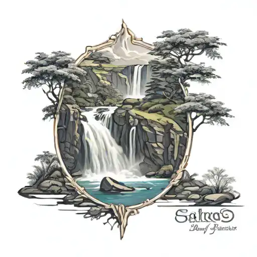 saltos de laja waterfall and landscape with the coordinates and in a slightly romantic frame tattoo design idea