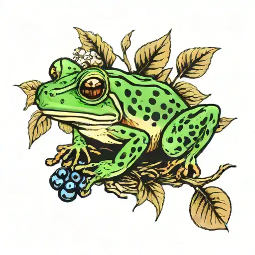 green frog sitting, blueberries, mushrooms, ombre green and brown leaves tattoo design idea