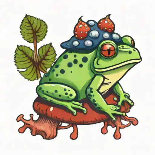 green frog sitting on a red mushroom with blueberries around and ombre green and brown leaves nearby tattoo design idea