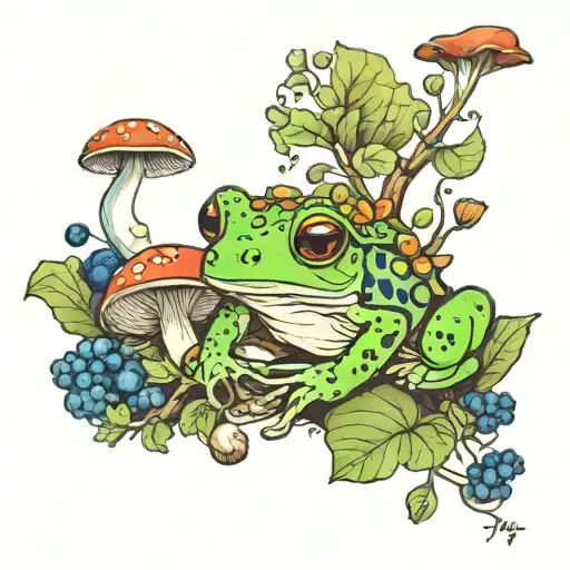 frog, mushrooms, blueberries, green brown ombre leaves tattoo design idea