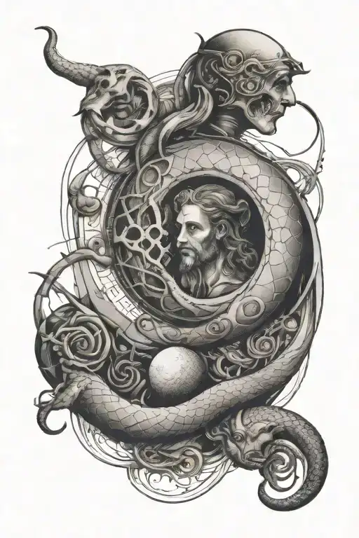 da vinci abstract artwork with snake and a man on the moon tattoo design idea