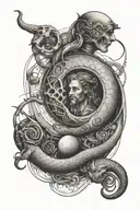da vinci abstract artwork with snake and a man on the moon tattoo design idea
