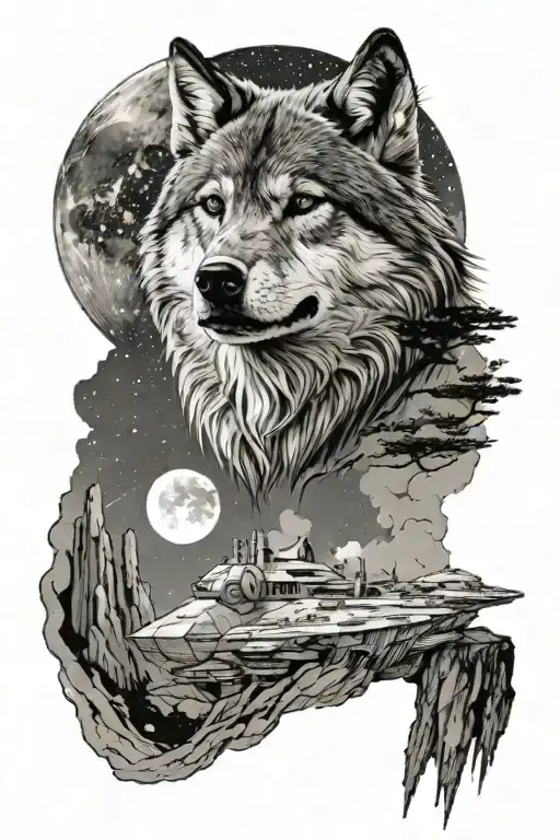 A tattoo on the upper arm with a Loth Wolf from Star Wars on a cliff in the desert looking up at the Death Star 2 in the tattoo design idea