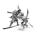 two warriors killing each other with a lo g katana tattoo design idea