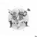 two warriors killing each other with a lo g katana tattoo design idea