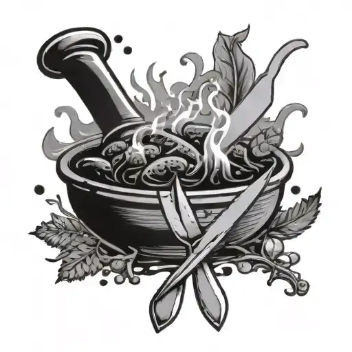 A black-grey tattoo of a chef's knife and fork crossed over a steaming pot, with Louisiana spices and ingredients scattered around tattoo design idea