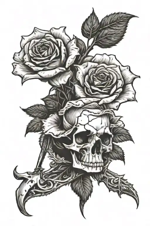 An ethereal bleeding rose entwined by a sharp dagger, intricately unveiling a hidden skull. tattoo design idea