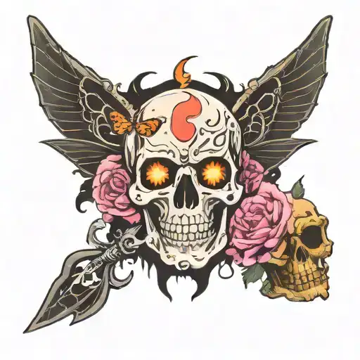 skull and moth and smoke tattoo design idea