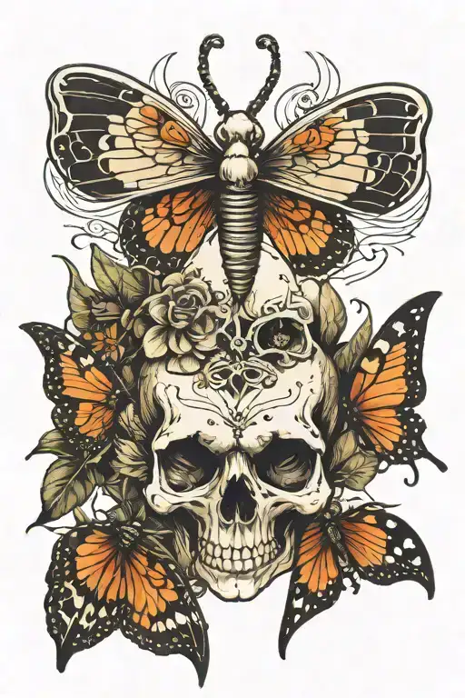 skull and moth tattoo design idea