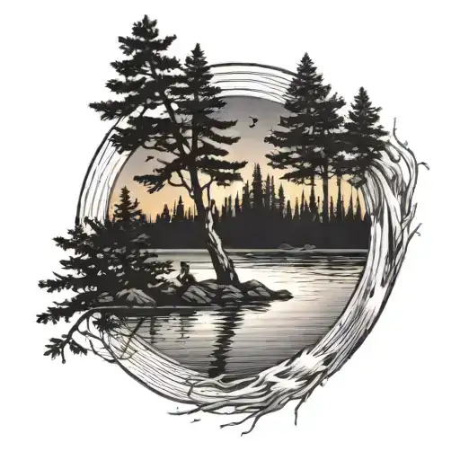 a shoulder arm tattoo with a backround of pine trees and a sunset in the corner, with a lake with ripples, and a father  tattoo design idea