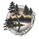 a shoulder arm tattoo with a backround of pine trees and a sunset in the corner, with a lake with ripples, and a father  tattoo design idea