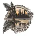 a shoulder arm tattoo with a backround of pine trees and a sunset in the corner, with a lake with ripples, and a father  tattoo design idea