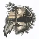 a shoulder arm tattoo with a backround of pine trees and a sunset in the corner, with a lake with ripples, and a father  tattoo design idea