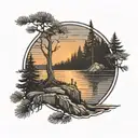 a shoulder arm tattoo with a backround of pine trees and a sunset in the corner, with a lake with ripples, and a father  tattoo design idea