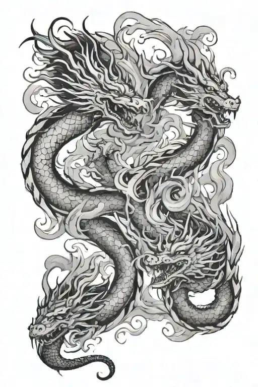feminine asian brushstroke dragon with smoke around it and two people standing next to each other in the smoke tattoo design idea
