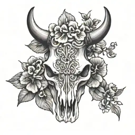 cow skull with violets growing tattoo design idea