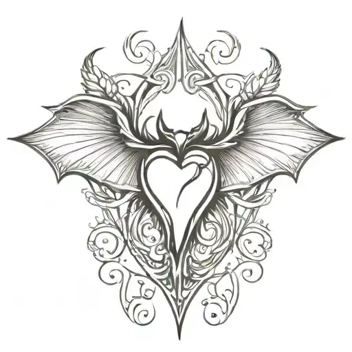 womb heart tattoo, bat wings splash, curvy lines, symmetrical, detailed, triple wings, triangular, pointy tattoo design idea